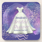 ブライダルシャワー結婚ズガウンパープル&バラ金ゴールドグラム コースター (正面)
