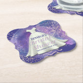 ブライダルシャワー結婚ズガウンパープル&バラ金ゴールドグラム ペーパーコースター (アングル)