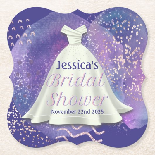 ブライダルシャワー結婚ズガウンパープル&バラ金ゴールドグラム ペーパーコースター (正面)