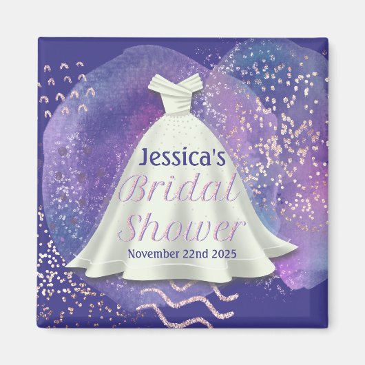ブライダルシャワー結婚ズガウンパープル&バラ金ゴールドグラム マグネット (正面)