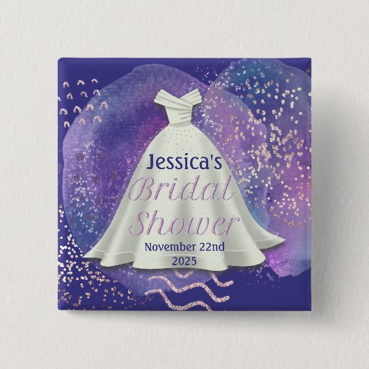 ブライダルシャワー結婚ズガウンパープル&バラ金ゴールドグラム 缶バッジ (正面)