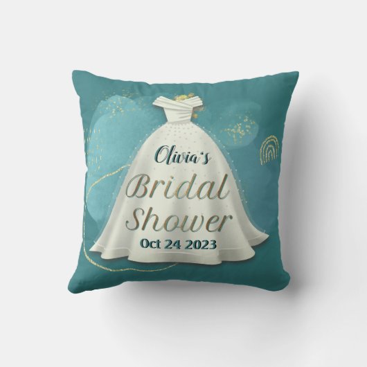 ブライダルシャワー結婚ズガウン深いティール(緑がかった色)金ゴールドグリッター クッション (裏面)