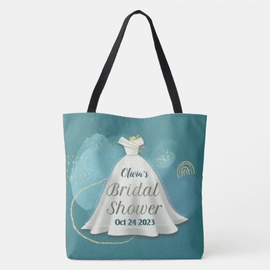 ブライダルシャワー結婚ズガウン深いティール(緑がかった色)金ゴールドグリッター トートバッグ (裏面)