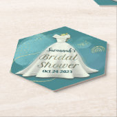 ブライダルシャワー結婚ズガウン深いティール（緑がかった色）金ゴールドグリッター ペーパーコースター (アングル)