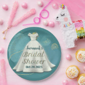 ブライダルシャワー結婚ズガウン深いティール（緑がかった色）金ゴールドグリッター ペーパープレート (パーティー)