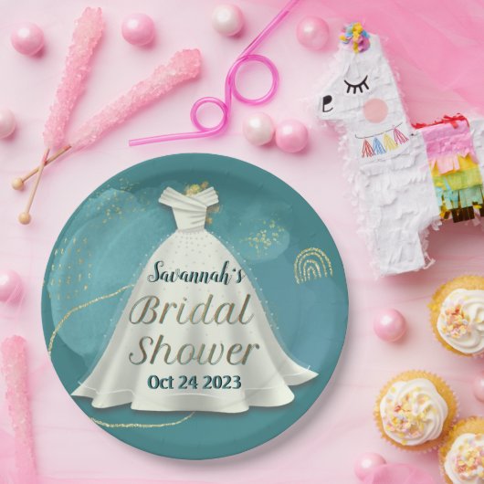 ブライダルシャワー結婚ズガウン深いティール(緑がかった色)金ゴールドグリッター ペーパープレート (パーティー)