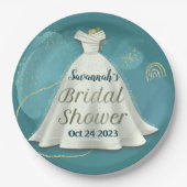 ブライダルシャワー結婚ズガウン深いティール（緑がかった色）金ゴールドグリッター ペーパープレート (正面)