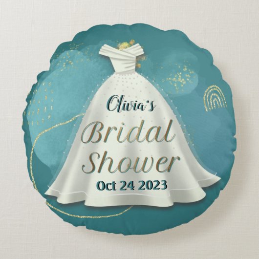 ブライダルシャワー結婚ズガウン深いティール(緑がかった色)金ゴールドグリッター ラウンドクッション (正面)