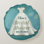 ブライダルシャワー結婚ズガウン深いティール(緑がかった色)金ゴールドグリッター ラウンドクッション (裏面)