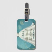 ブライダルシャワー結婚ズガウン深いティール（緑がかった色）金ゴールドグリッター ラゲッジタグ (正面縦)