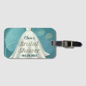 ブライダルシャワー結婚ズガウン深いティール（緑がかった色）金ゴールドグリッター ラゲッジタグ (正面横)