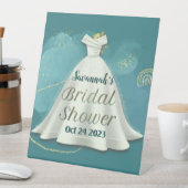 ブライダルシャワー結婚ズガウン深いティール(緑がかった色)金ゴールドグリッター 台座サイン (インサイチュ)