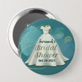 ブライダルシャワー結婚ズガウン深いティール（緑がかった色）金ゴールドグリッター 缶バッジ (正面&裏面)