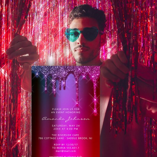 ブライダルシャワー結婚誕生日ピンクパープルドリップ 招待状