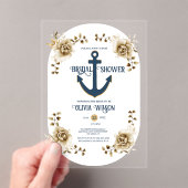 ブライダルシャワー航海のいかりブルー金ゴールドフローラ アクリル招待状 (インサイチュ (ポータブル))