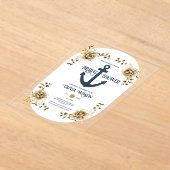 ブライダルシャワー航海のいかりブルー金ゴールドフローラ アクリル招待状 (レイダウン)