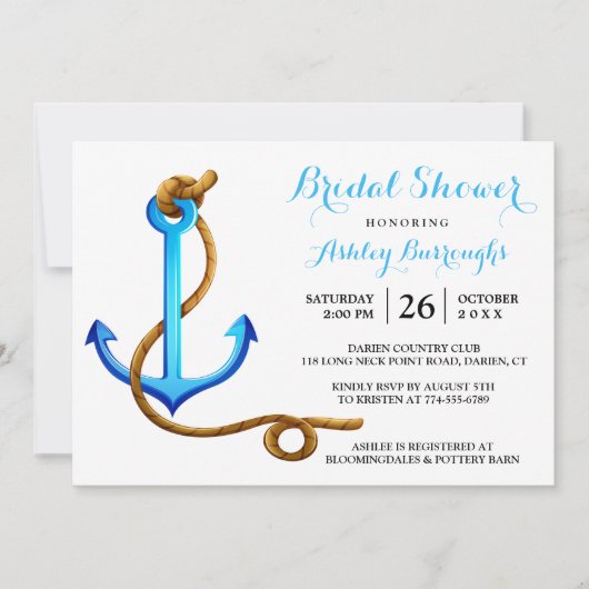 ブライダルシャワー航海の船いかりブルーターコイズ 招待状 (正面)