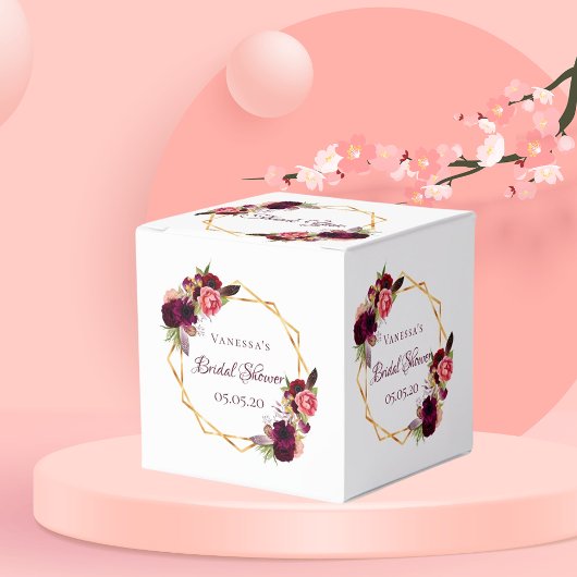 ブライダルシャワー花ブルゴーニュ金ゴールド幾何学模様 フェイバーボックス