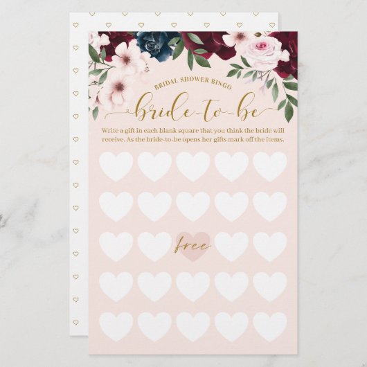 ブライダルシャワー花嫁To Beビンゴ水カラー花模様 (正面/裏面)