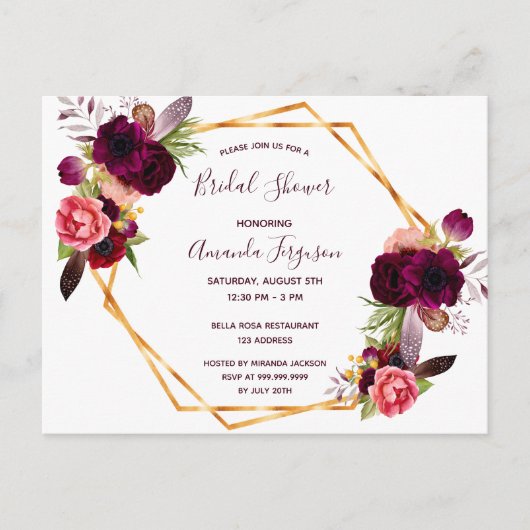 ブライダルシャワー花模様ブルゴーニュ招待 ポストカード (正面)