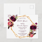 ブライダルシャワー花模様ブルゴーニュ招待 ポストカード (正面/裏面)
