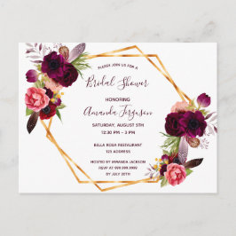 ブライダルシャワー花模様ブルゴーニュ招待 ポストカード