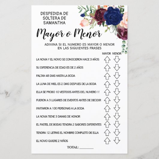 ブライダルシャワー英語スペインのゲーム (裏面)