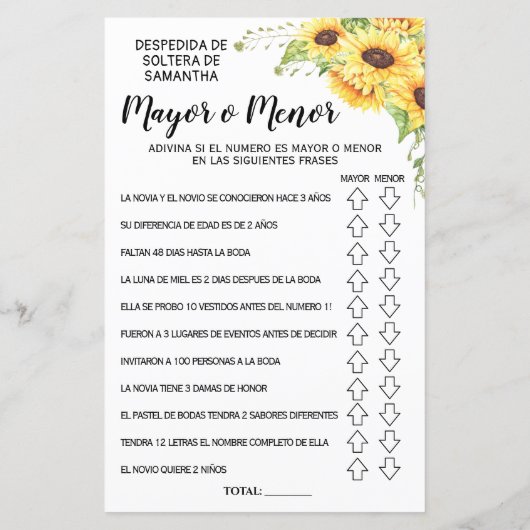 ブライダルシャワー英語スペインのゲーム (裏面)