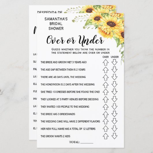 ブライダルシャワー英語スペインのゲーム (正面/裏面)