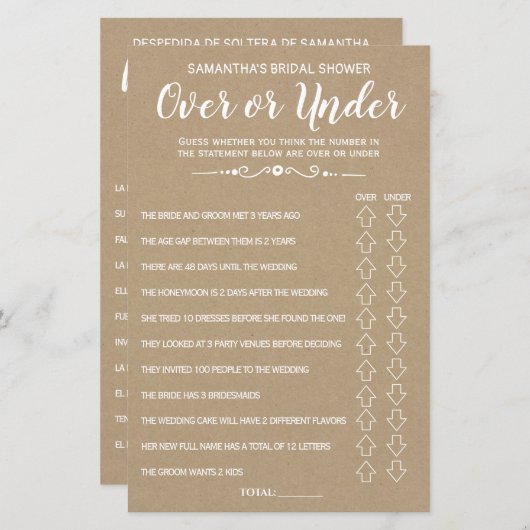 ブライダルシャワー英語スペインのゲーム (正面/裏面)