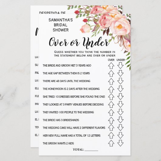 ブライダルシャワー英語スペインのゲーム (正面/裏面)