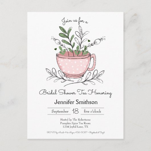 ブライダルシャワー茶お洒落手引きティーカップ インビテーションポストカード (正面)