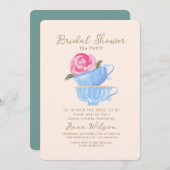 ブライダルシャワー茶パーティーフラワーピンクブルー 招待状 (正面/裏面)