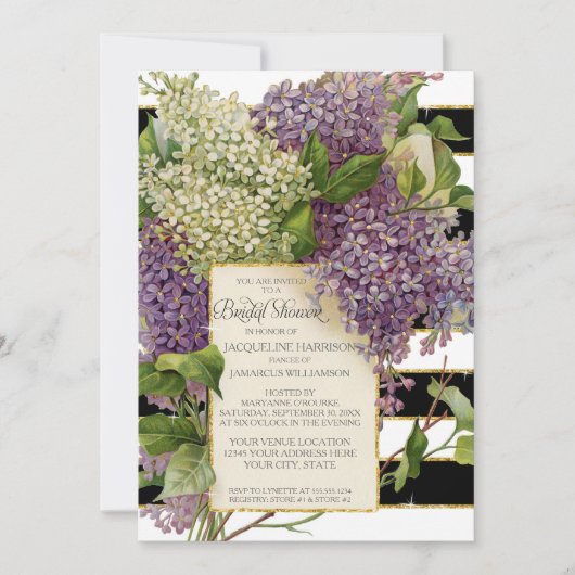 ブライダルシャワー薄紫フローラ全ストライプ体のヴィンテージ 招待状 (正面)