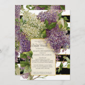 ブライダルシャワー薄紫フローラ全ストライプ体のヴィンテージ 招待状 (正面/裏面)