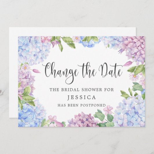 ブライダルシャワー計画の変更ブルーアジサイ 招待状 (正面/裏面)
