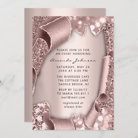 ブライダルシャワー誕生日16バラ3Dグリッターピンク 招待状 (正面/裏面)
