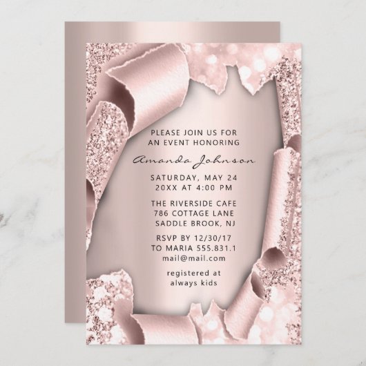 ブライダルシャワー誕生日16番目のバラ3Dグリッター ユニーク 招待状 (正面/裏面)