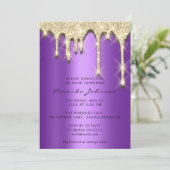 ブライダルシャワー誕生日16番目の金ゴールド3D紫 招待状 (スタンド正面)