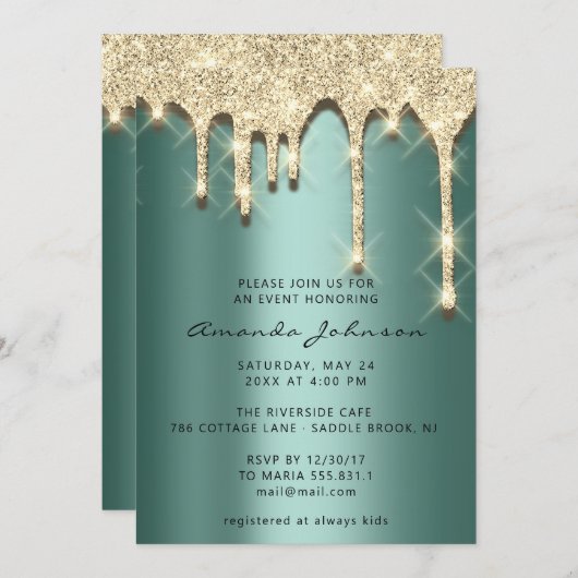 ブライダルシャワー誕生日16th金ゴールド3Dグリーン 招待状 (正面/裏面)