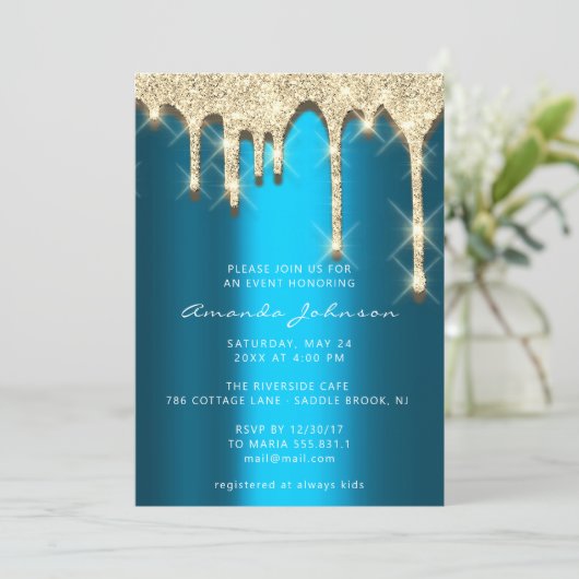 ブライダルシャワー誕生日16th金ゴールド3Dドリップティール(緑がかった色) 招待状 (スタンド正面)