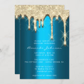 ブライダルシャワー誕生日16th金ゴールド3Dドリップティール（緑がかった色） 招待状 (正面/裏面)