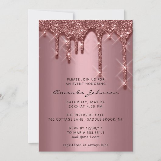 ブライダルシャワー誕生日16th金ゴールド3Dドリップバラ 招待状 (正面)