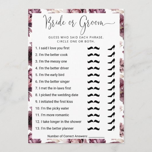 ブライダルシャワー誰が夫婦を知っ最高のている？ゲームカード 招待状 (正面)