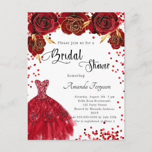 ブライダルシャワー赤い白いドレスバラ花 インビテーションポストカード (正面)