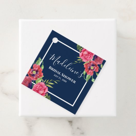 ブライダルシャワー赤とピンクの花ダークネイビー フェイバータグ (インサイチュ)
