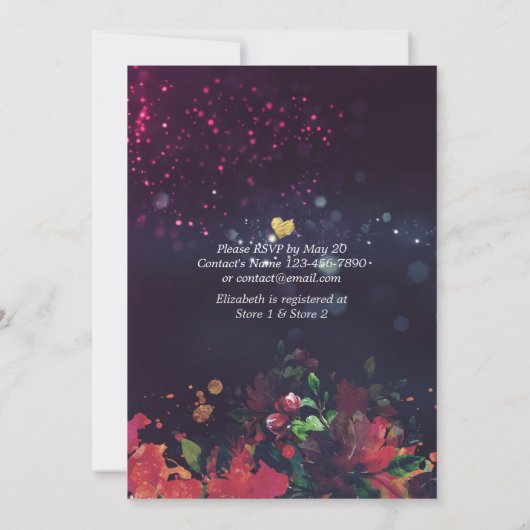 ブライダルシャワー赤フローラ文字列ライト金ゴールドスクリプト 招待状 (裏面)