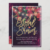 ブライダルシャワー赤フローラ文字列ライト金ゴールドスクリプト 招待状 (正面/裏面)