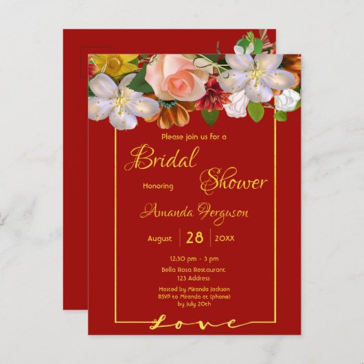 ブライダルシャワー赤金ゴールド花模様 ポストカード (正面/裏面)