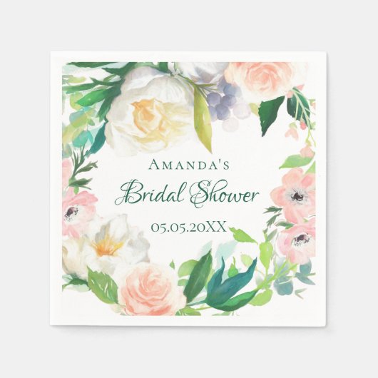 ブライダルシャワー赤面ピンクの緑の花模様 スタンダードカクテルナプキン (正面)